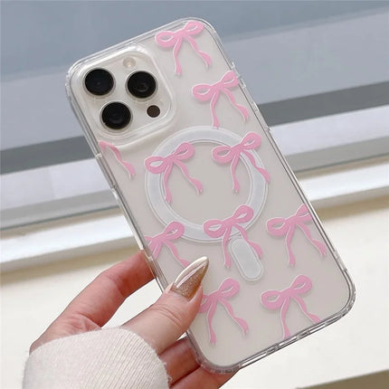 For iPhone 16 Pro Case Compatible with MagSafe Bowknot Pattern PC + TPU Phone Back Cover