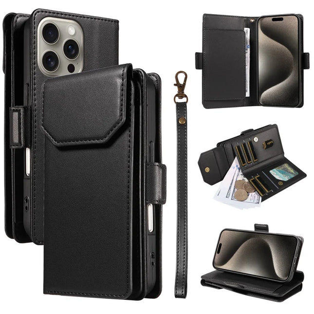 For iPhone 15 Pro Max Case with Card Holder Stand PU Leather Flip Phone Cover - Black