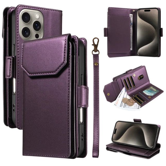 For iPhone 15 Pro Max Case with Card Holder Stand PU Leather Flip Phone Cover - Purple
