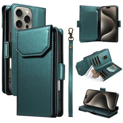 For iPhone 15 Pro Max Case with Card Holder Stand PU Leather Flip Phone Cover - Green