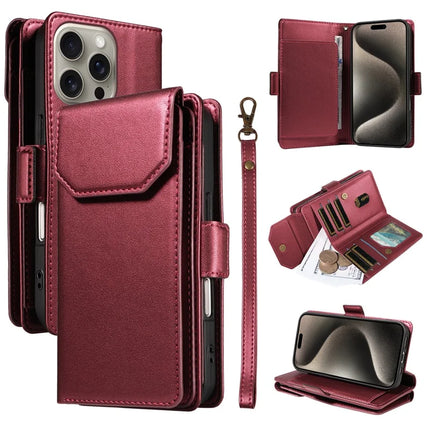 For iPhone 15 Pro Max Case with Card Holder Stand PU Leather Flip Phone Cover - Wine Red