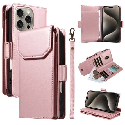 For iPhone 15 Pro Max Case with Card Holder Stand PU Leather Flip Phone Cover - Rose Gold
