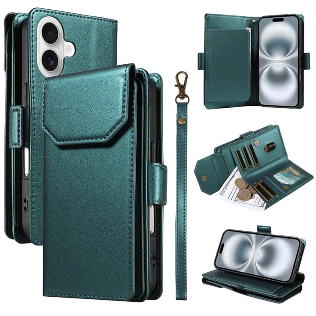 For iPhone 16 Case with Card Holder Stand PU Leather Flip Phone Cover - Green