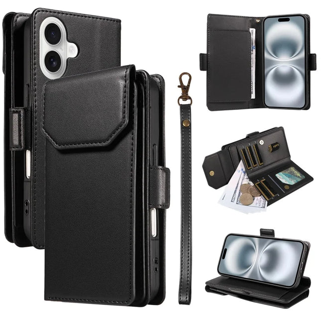 For iPhone 16 Case with Card Holder Stand PU Leather Flip Phone Cover - Black