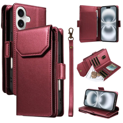 For iPhone 16 Case with Card Holder Stand PU Leather Flip Phone Cover - Wine Red