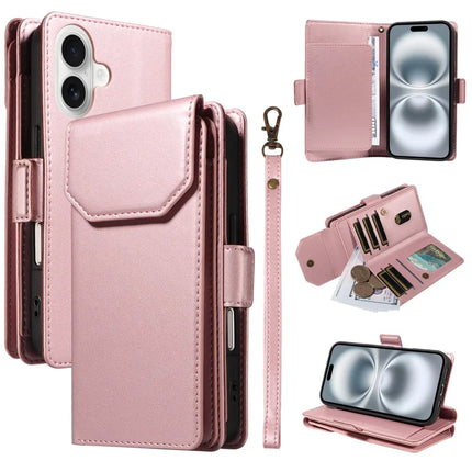 For iPhone 16 Case with Card Holder Stand PU Leather Flip Phone Cover - Rose Gold