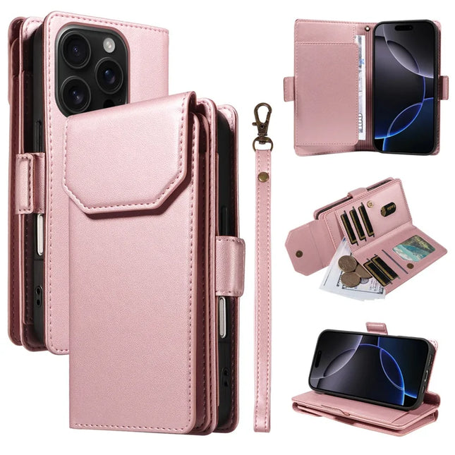 For iPhone 16 Pro Case with Card Holder Stand PU Leather Flip Phone Cover - Rose Gold