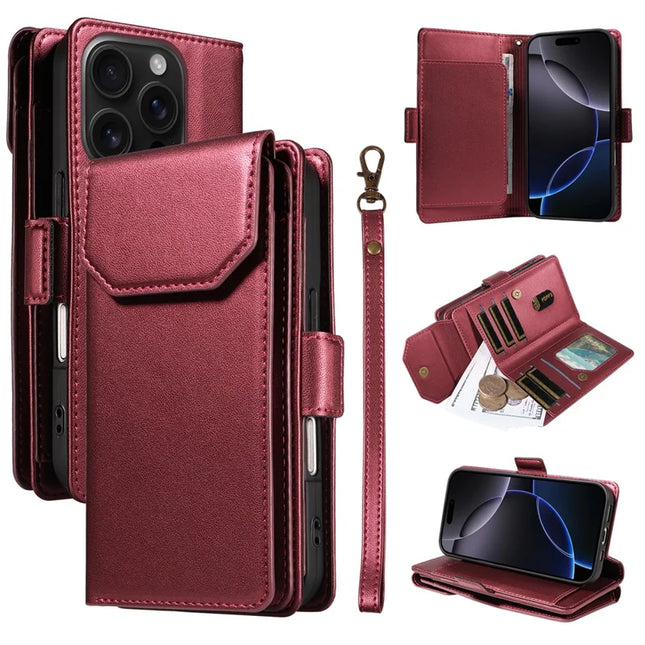 For iPhone 16 Pro Case with Card Holder Stand PU Leather Flip Phone Cover - Wine Red