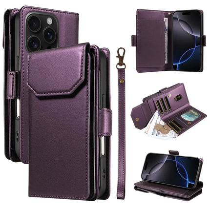 For iPhone 16 Pro Case with Card Holder Stand PU Leather Flip Phone Cover - Purple