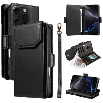 For iPhone 16 Pro Case with Card Holder Stand PU Leather Flip Phone Cover - Black