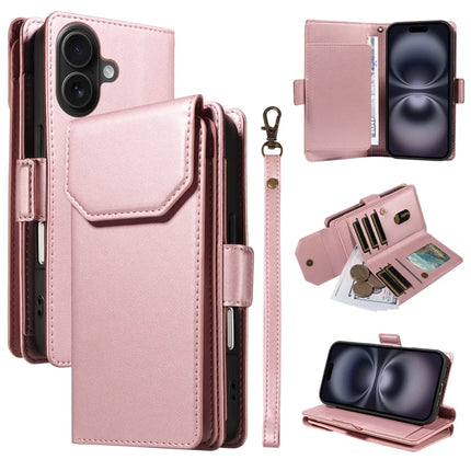 For iPhone 16 Plus Case with Card Holder Stand PU Leather Flip Phone Cover - Rose Gold