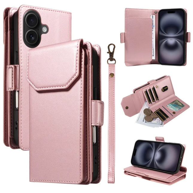 For iPhone 16 Plus Case with Card Holder Stand PU Leather Flip Phone Cover - Rose Gold