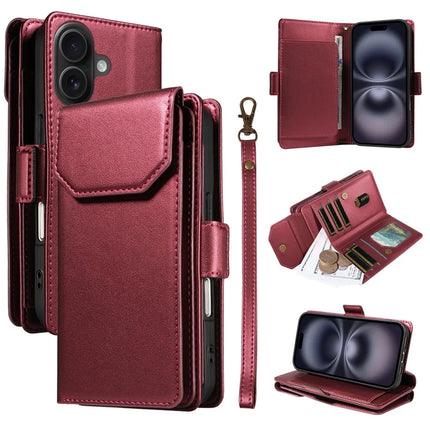 For iPhone 16 Plus Case with Card Holder Stand PU Leather Flip Phone Cover - Wine Red