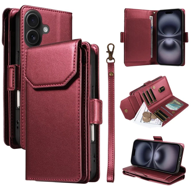 For iPhone 16 Plus Case with Card Holder Stand PU Leather Flip Phone Cover - Wine Red