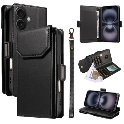 For iPhone 16 Plus Case with Card Holder Stand PU Leather Flip Phone Cover - Black