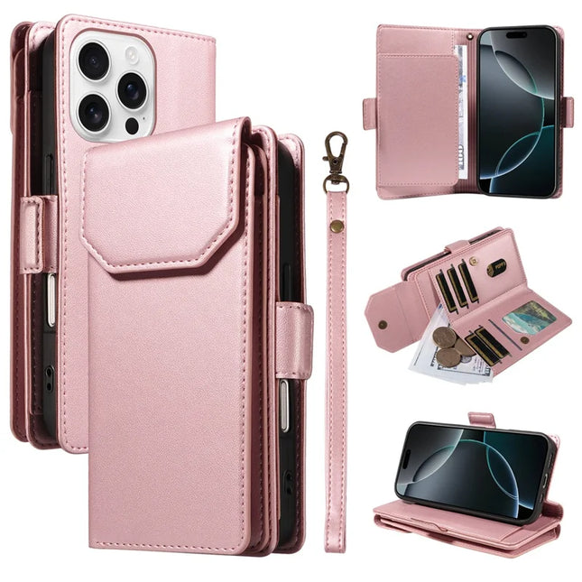 For iPhone 16 Pro Max Case with Card Holder Stand PU Leather Flip Phone Cover - Rose Gold