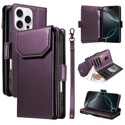 For iPhone 16 Pro Max Case with Card Holder Stand PU Leather Flip Phone Cover - Purple