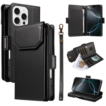 For iPhone 16 Pro Max Case with Card Holder Stand PU Leather Flip Phone Cover - Black