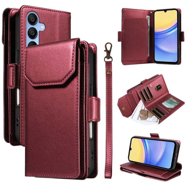 For Samsung Galaxy A15 5G  /  A15 4G Case with Card Holder Stand PU Leather Flip Phone Cover - Wine Red
