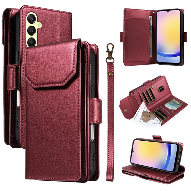 For Samsung Galaxy A25 5G (Global) (161.0 x 76.5 x 8.3mm) Case with Card Holder Stand PU Leather Flip Phone Cover - Wine Red