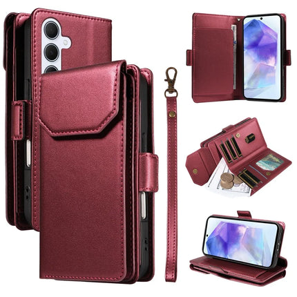 For Samsung Galaxy A55 5G Case with Card Holder Stand PU Leather Flip Phone Cover - Wine Red