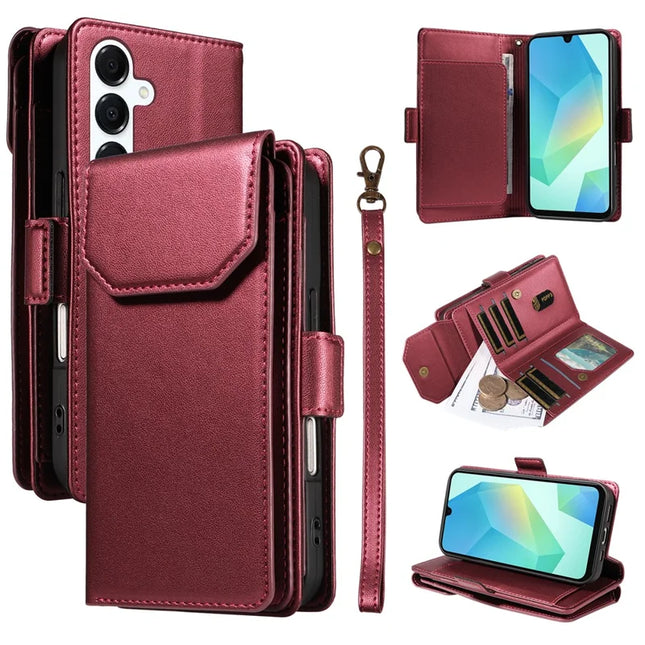 For Samsung Galaxy A16 5G / A16 4G Case with Card Holder Stand PU Leather Flip Phone Cover - Wine Red