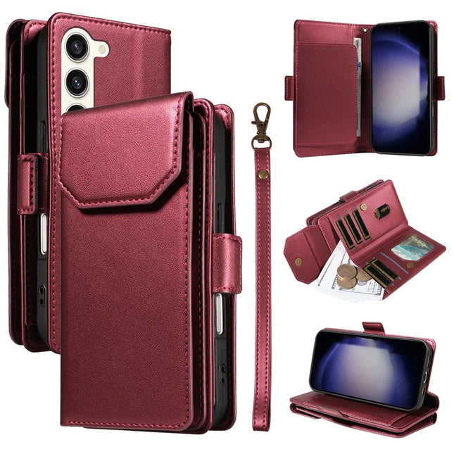 For Samsung Galaxy S23 Case with Card Holder Stand PU Leather Flip Phone Cover - Wine Red