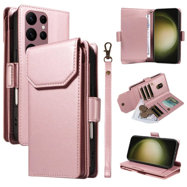 For Samsung Galaxy S23 Ultra Case with Card Holder Stand PU Leather Flip Phone Cover - Rose Gold