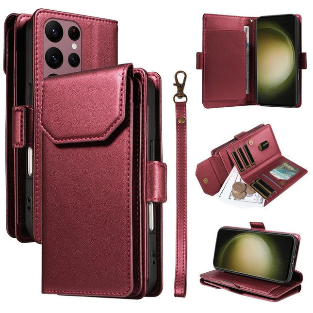 For Samsung Galaxy S23 Ultra Case with Card Holder Stand PU Leather Flip Phone Cover - Wine Red