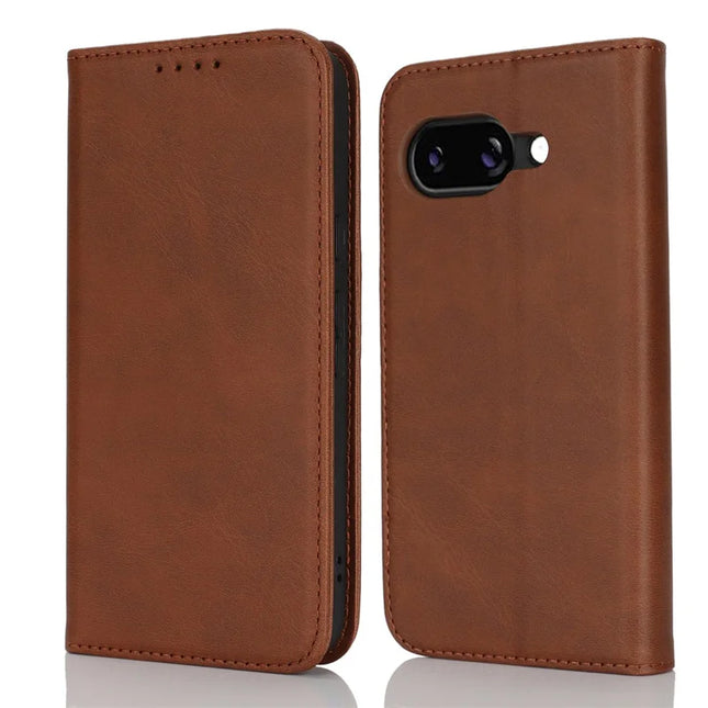 For Google Pixel 9a Case PU Leather Calf Textured Magnetic Closing Smart Phone Cover - Dark Brown