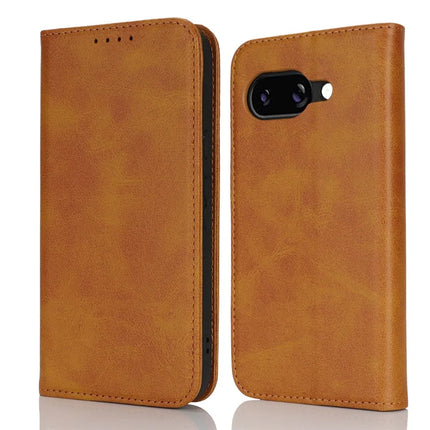 For Google Pixel 9a Case PU Leather Calf Textured Magnetic Closing Smart Phone Cover - Light Brown