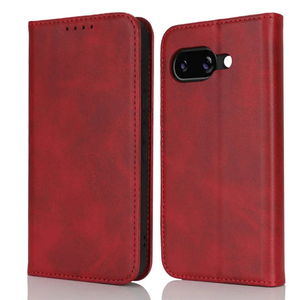 For Google Pixel 9a Case PU Leather Calf Textured Magnetic Closing Smart Phone Cover - Red