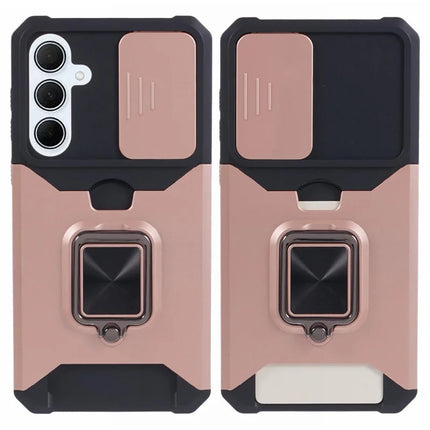 For Samsung Galaxy A56 5G Kickstand Case Slide Lens Lid PC + TPU Phone Cover with Card Slot - Rose Gold