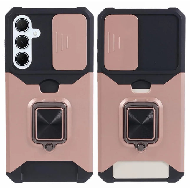 For Samsung Galaxy A56 5G Kickstand Case Slide Lens Lid PC + TPU Phone Cover with Card Slot - Rose Gold