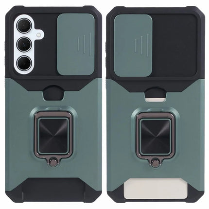 For Samsung Galaxy A56 5G Kickstand Case Slide Lens Lid PC + TPU Phone Cover with Card Slot - Blackish Green