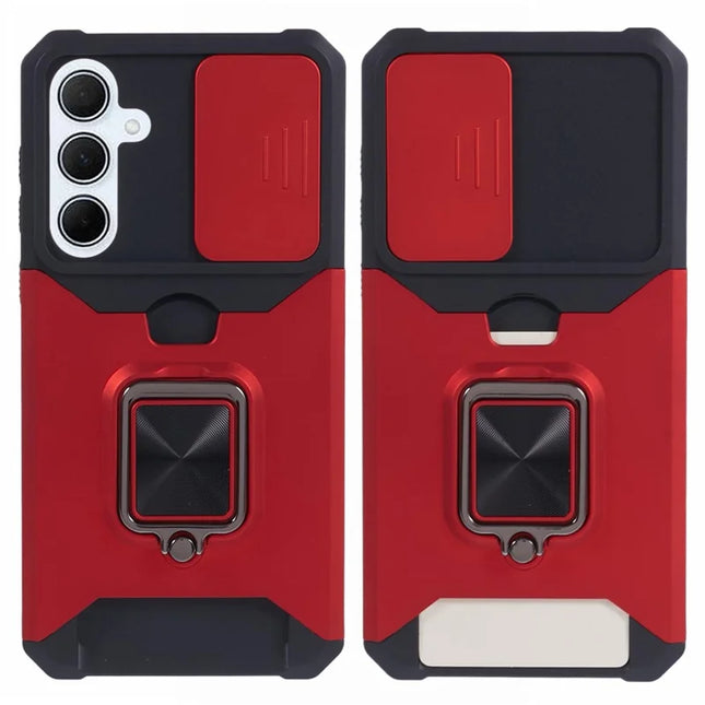 For Samsung Galaxy A36 5G Kickstand Case Slide Lens Lid PC + TPU Phone Cover with Card Slot - Red