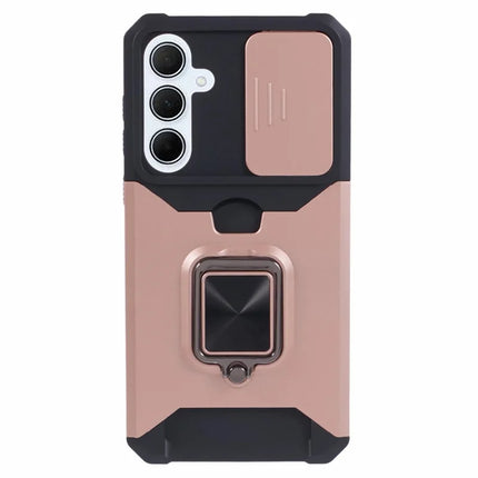 For Samsung Galaxy A36 5G Kickstand Case Slide Lens Lid PC + TPU Phone Cover with Card Slot