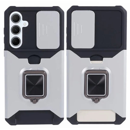 For Samsung Galaxy A36 5G Kickstand Case Slide Lens Lid PC + TPU Phone Cover with Card Slot - Silver