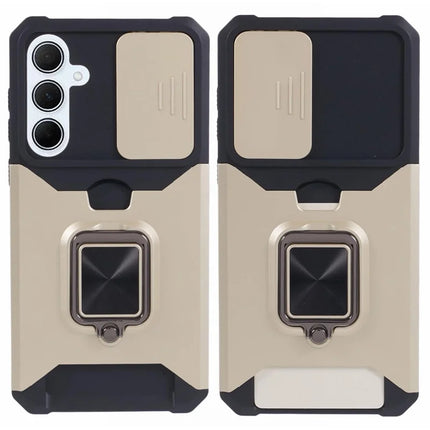For Samsung Galaxy A36 5G Kickstand Case Slide Lens Lid PC + TPU Phone Cover with Card Slot - Gold