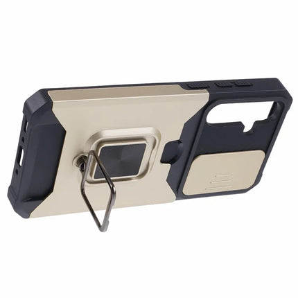 For Samsung Galaxy A36 5G Kickstand Case Slide Lens Lid PC + TPU Phone Cover with Card Slot