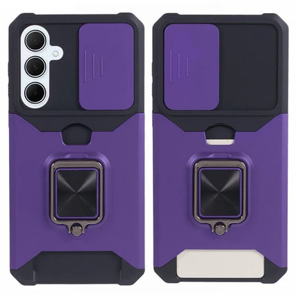 For Samsung Galaxy A36 5G Kickstand Case Slide Lens Lid PC + TPU Phone Cover with Card Slot - Purple