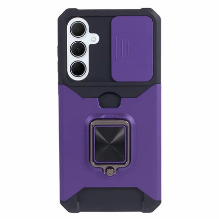 For Samsung Galaxy A36 5G Kickstand Case Slide Lens Lid PC + TPU Phone Cover with Card Slot