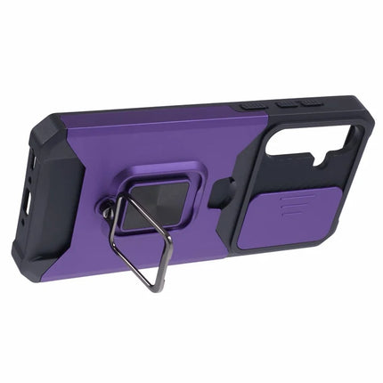 For Samsung Galaxy A36 5G Kickstand Case Slide Lens Lid PC + TPU Phone Cover with Card Slot