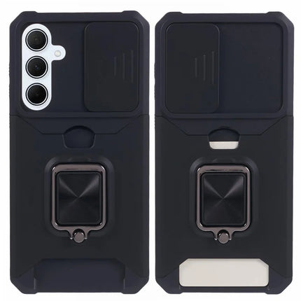 For Samsung Galaxy A36 5G Kickstand Case Slide Lens Lid PC + TPU Phone Cover with Card Slot - Black