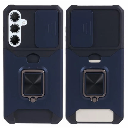 For Samsung Galaxy A36 5G Kickstand Case Slide Lens Lid PC + TPU Phone Cover with Card Slot - Navy Blue