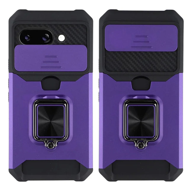 For Google Pixel 9a Kickstand Case Slide Lens Lid PC + TPU Phone Cover with Card Slot - Purple