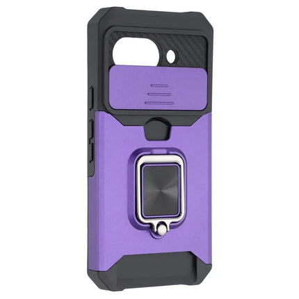 For Google Pixel 9a Kickstand Case Slide Lens Lid PC + TPU Phone Cover with Card Slot
