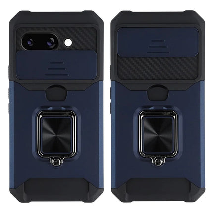 For Google Pixel 9a Kickstand Case Slide Lens Lid PC + TPU Phone Cover with Card Slot - Navy Blue