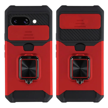 For Google Pixel 9a Kickstand Case Slide Lens Lid PC + TPU Phone Cover with Card Slot - Red