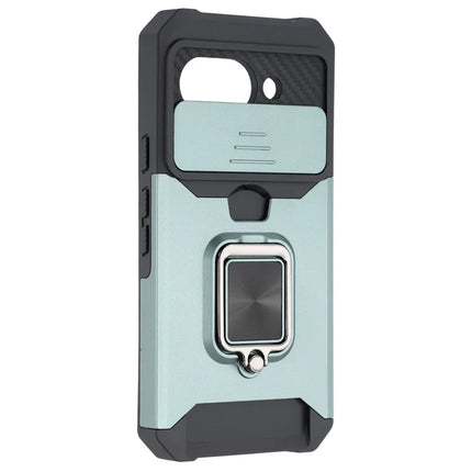 For Google Pixel 9a Kickstand Case Slide Lens Lid PC + TPU Phone Cover with Card Slot